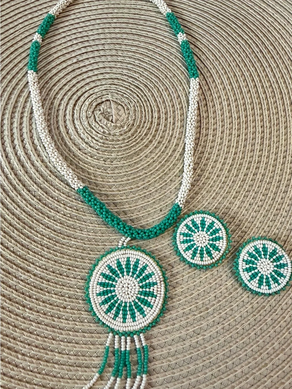 Turquoise and White Beaded Medallion Necklace Set